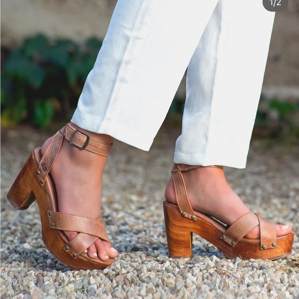Kalah Leather Ankle Strap Wood Block Heel Platform Sandals